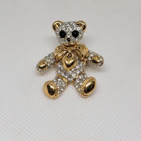 Vintage Teddy Bear Brooch Rhinestone Gold Tone Dangle Heart Bow Fashion Jewelry - Picture 5 of 7
